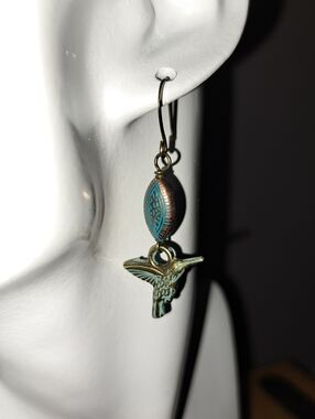 Handmade Boho Green Patina Bronze Hummingbird Dangle Earrings